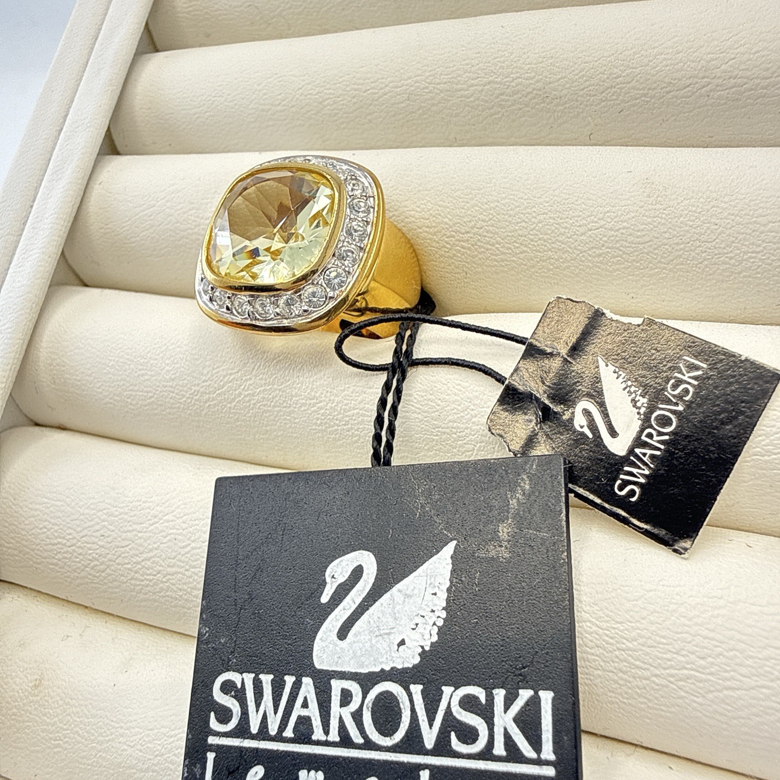 Swarovski Ring Swan Signed Sterling Silver Cocktail Yellow 5 Halo Gold Plated