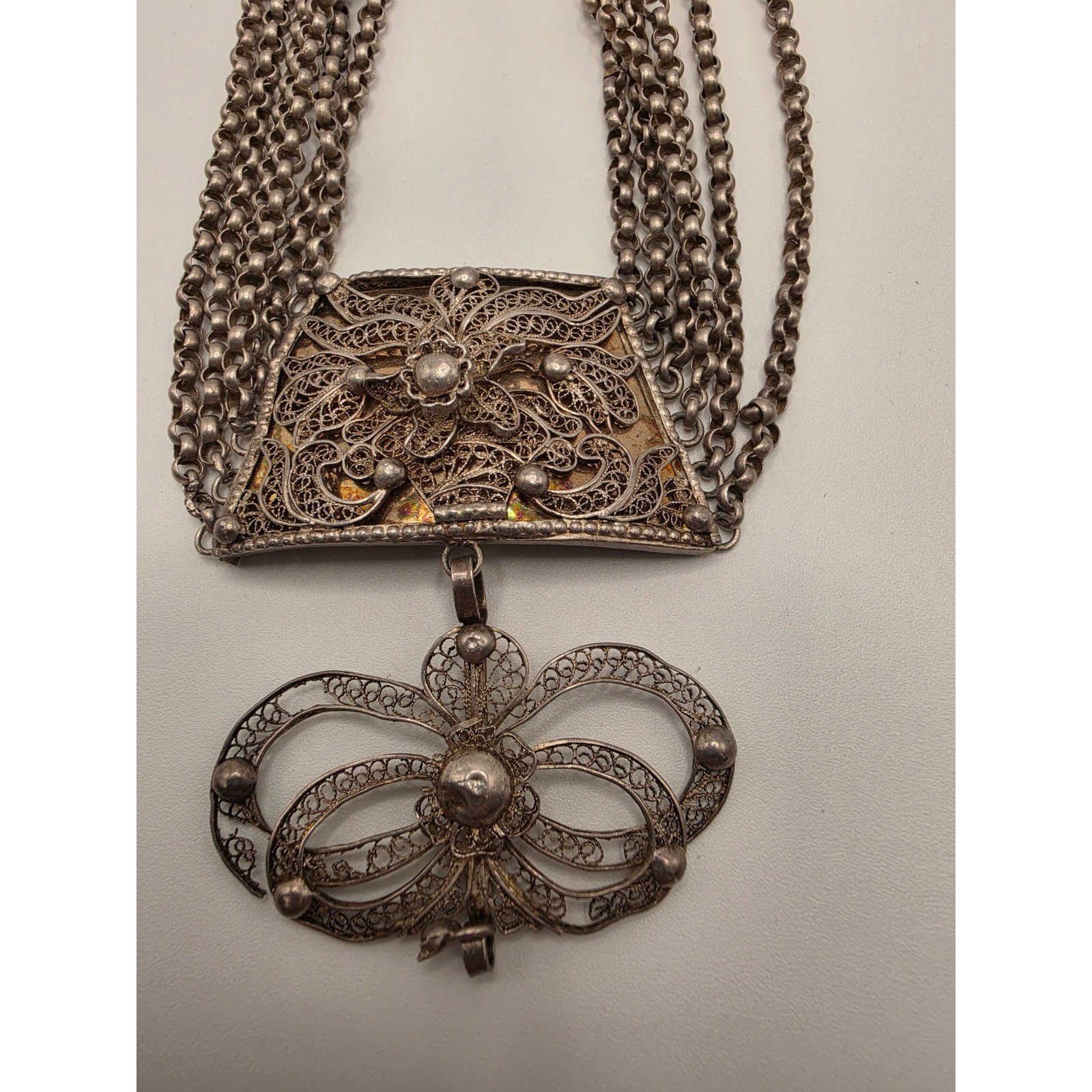 Vintage Silver Filigree Multi Strand Necklace 5 Chain Statement Piece 800 Silver