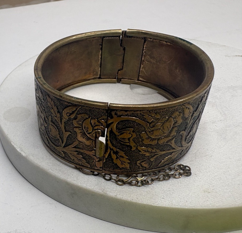 Vintage Etched Brass Wide Cuff Bracelet Floral Hinged Safety Chain