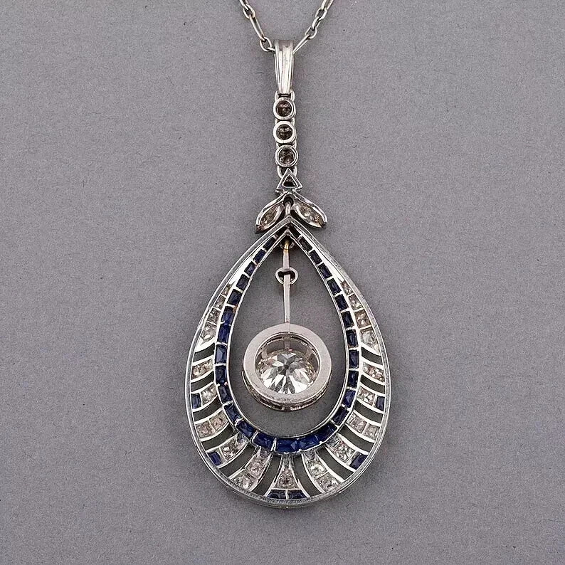 Art Deco Style Lab Created Diamond & Sapphire Wedding 14K White Gold FN Pendant