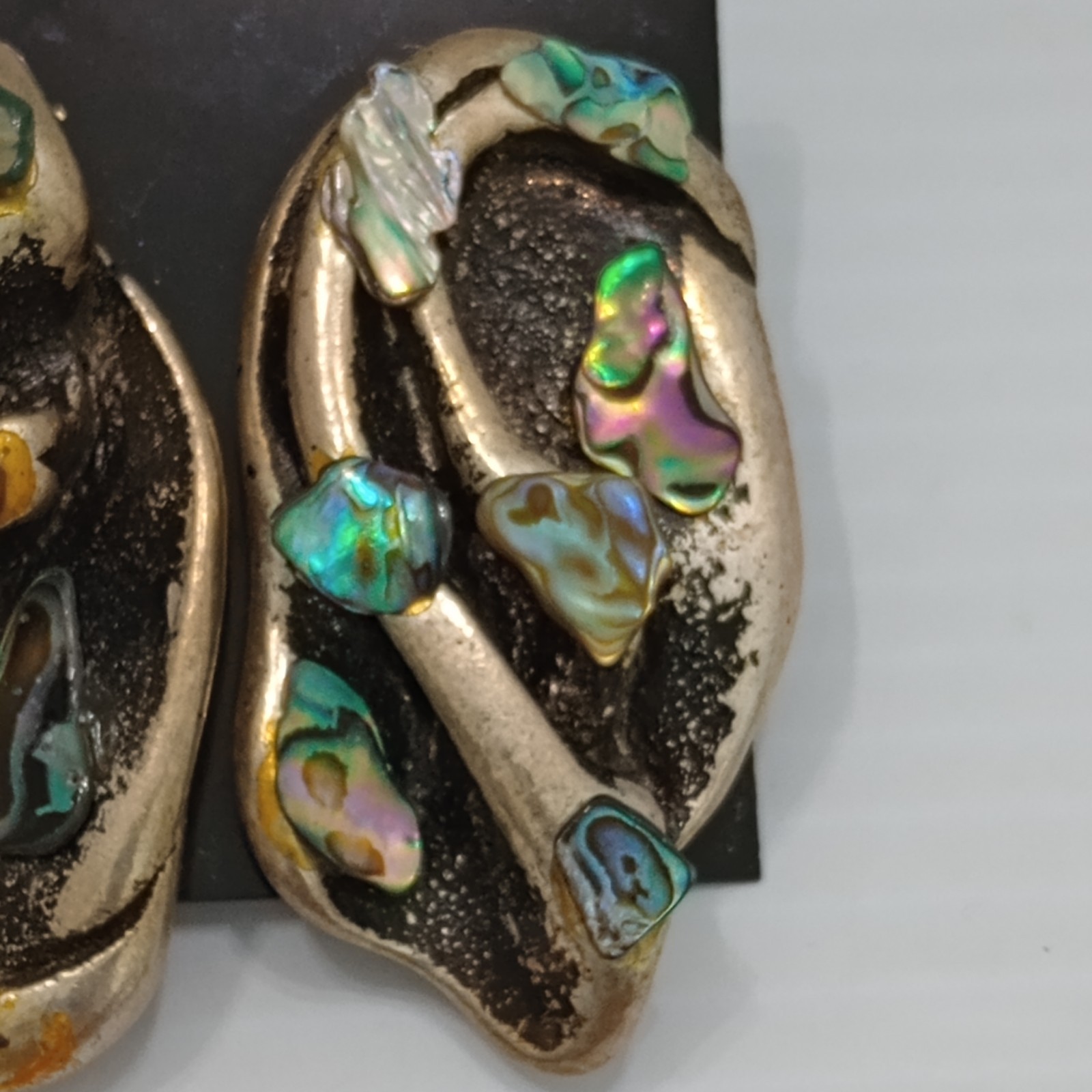 Jeff Lieb Bold Clip On Statement Earrings Abalone Shell Silver Tone Brutalist 2″