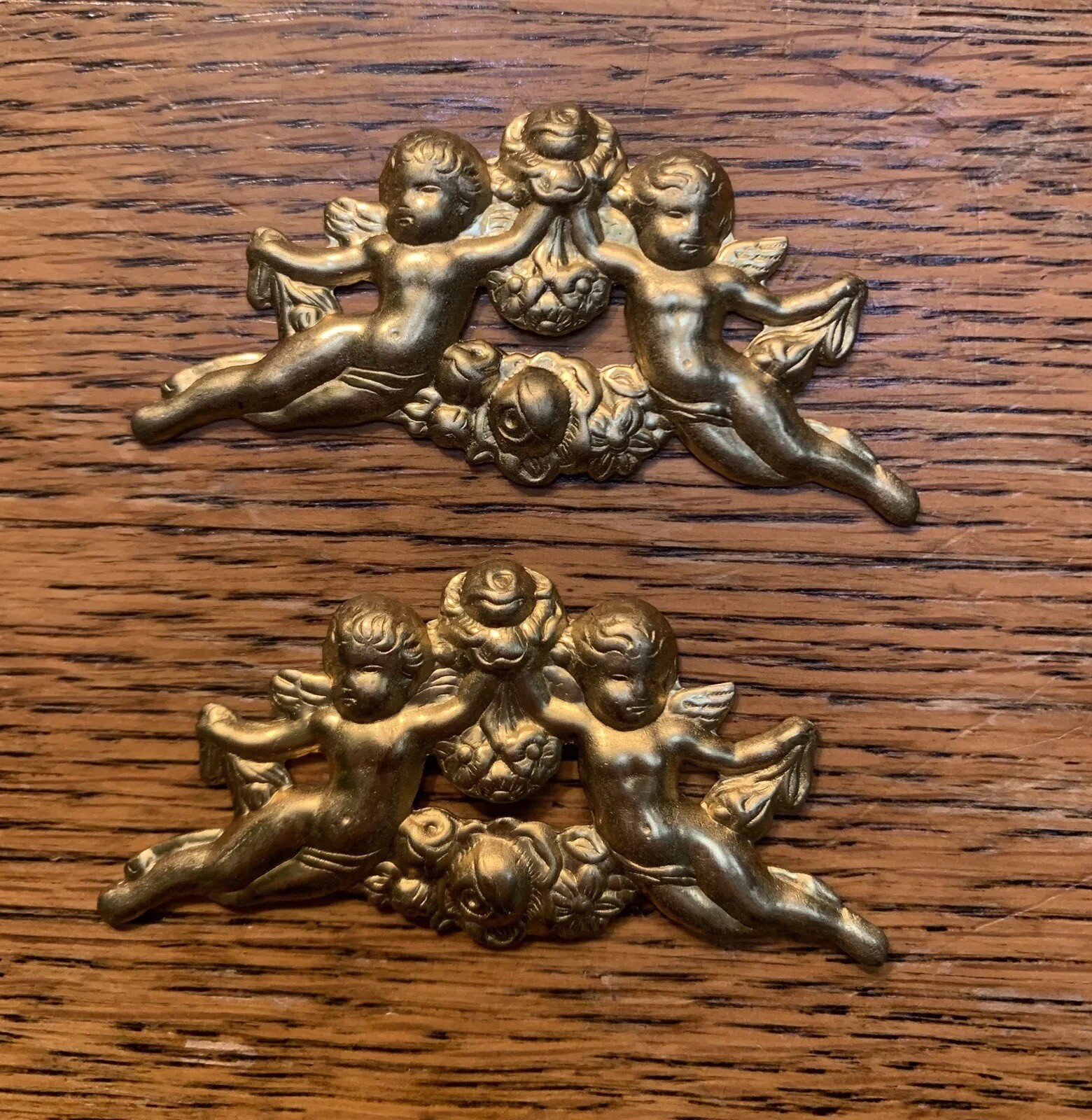 Pair Victorian Cherub Brass Flower Bouquet Brooch Stamping Antique French Mold