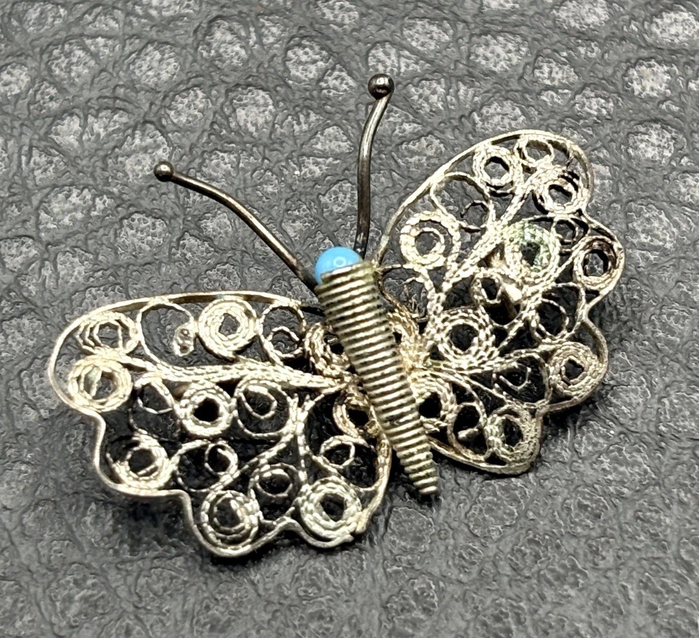 Vintage Sterling Silver Spun Filigree Butterfly Brooch Blue Stone Pin