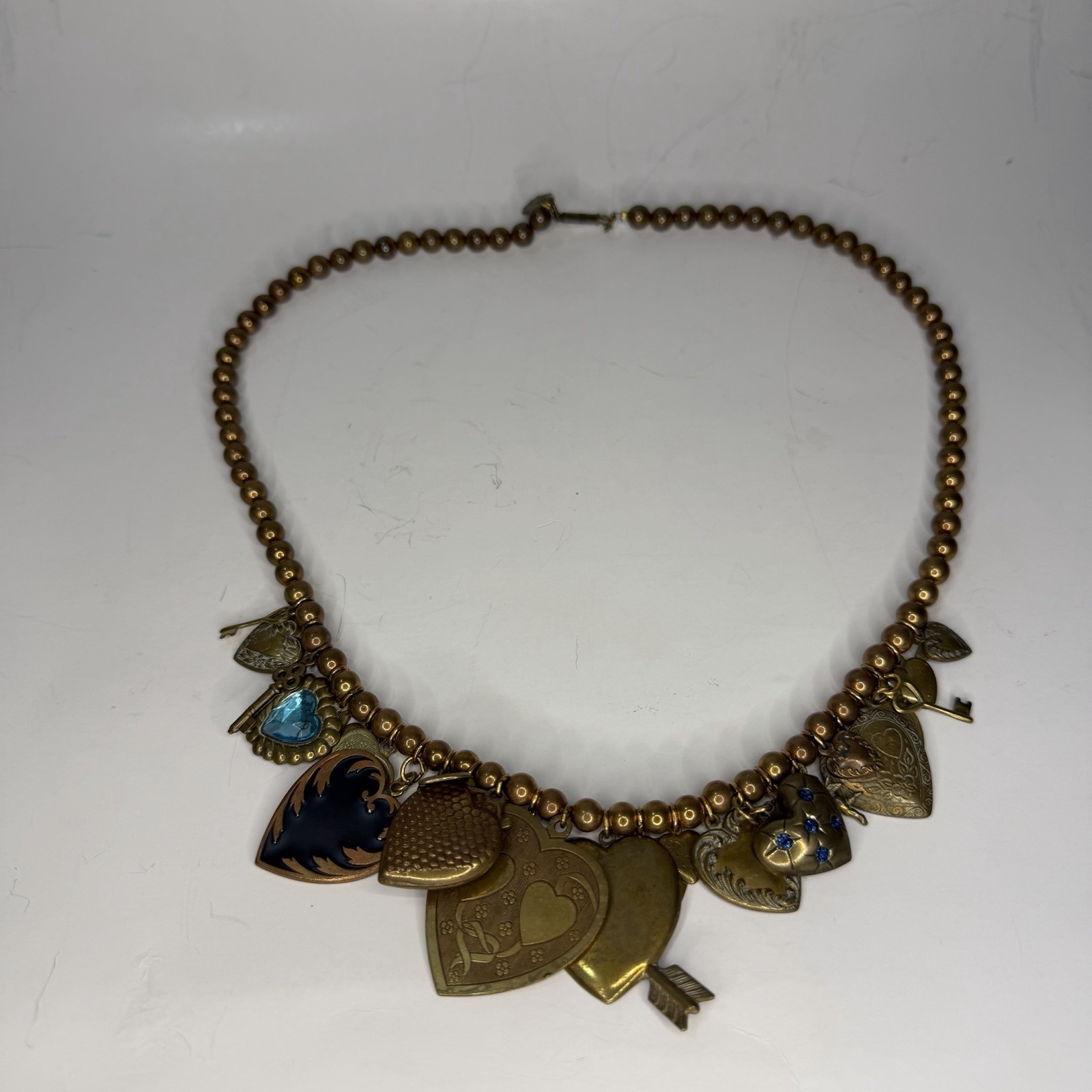 Vintage Pididdly Links Brass Bead Dangling Heart Cherub Key Charm Necklace 20in
