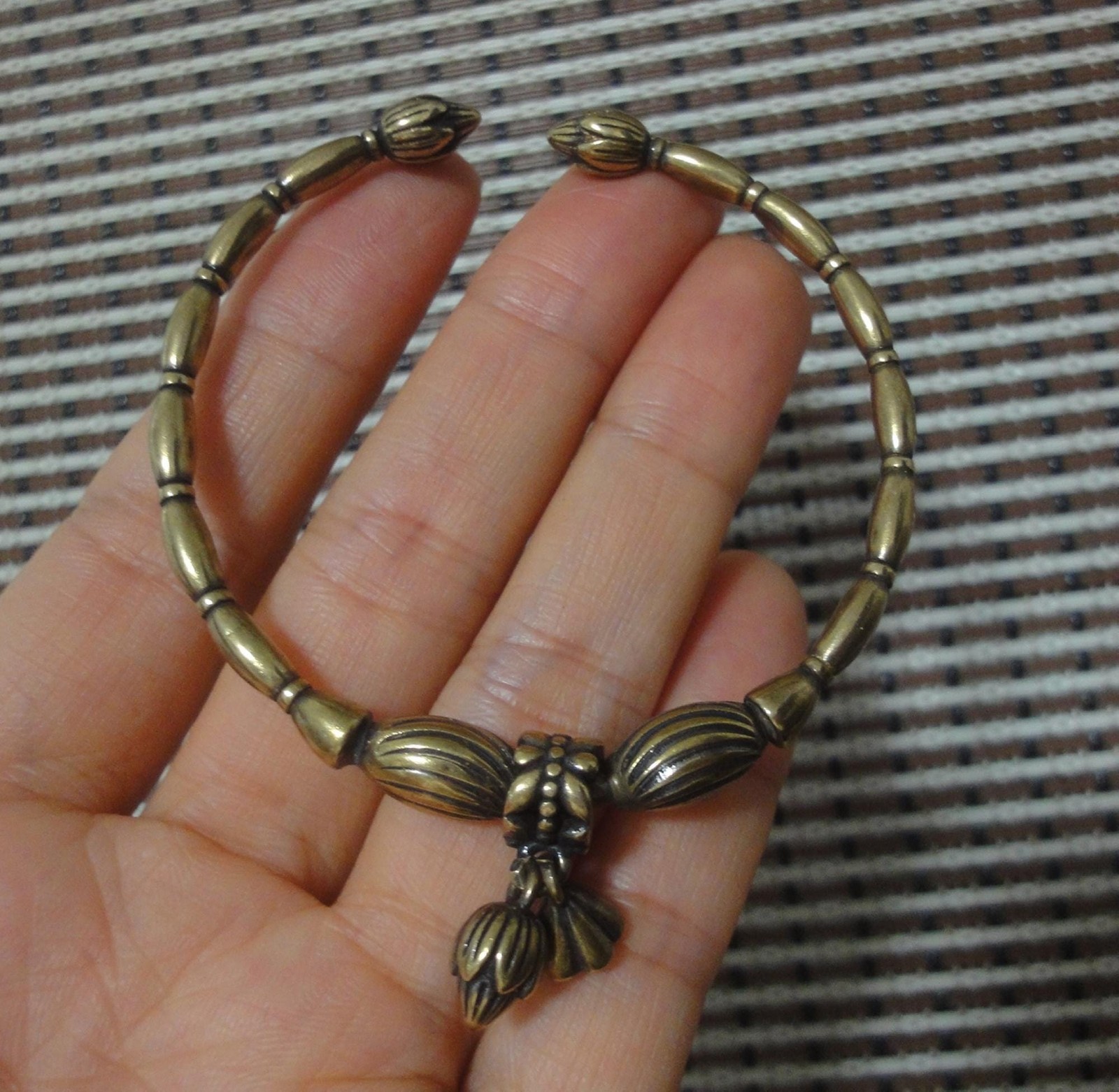 Vintage Knick Knacks Solid Brass Lotus Flower and Seed Dangle Bracelet Bangle