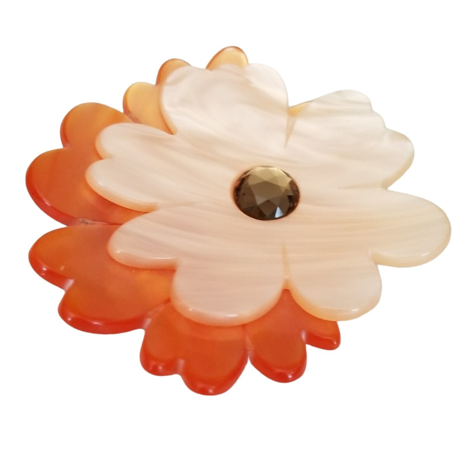 Pono Italian Acetate, Plastic Statement White, Peach Flower Brooch, Signed