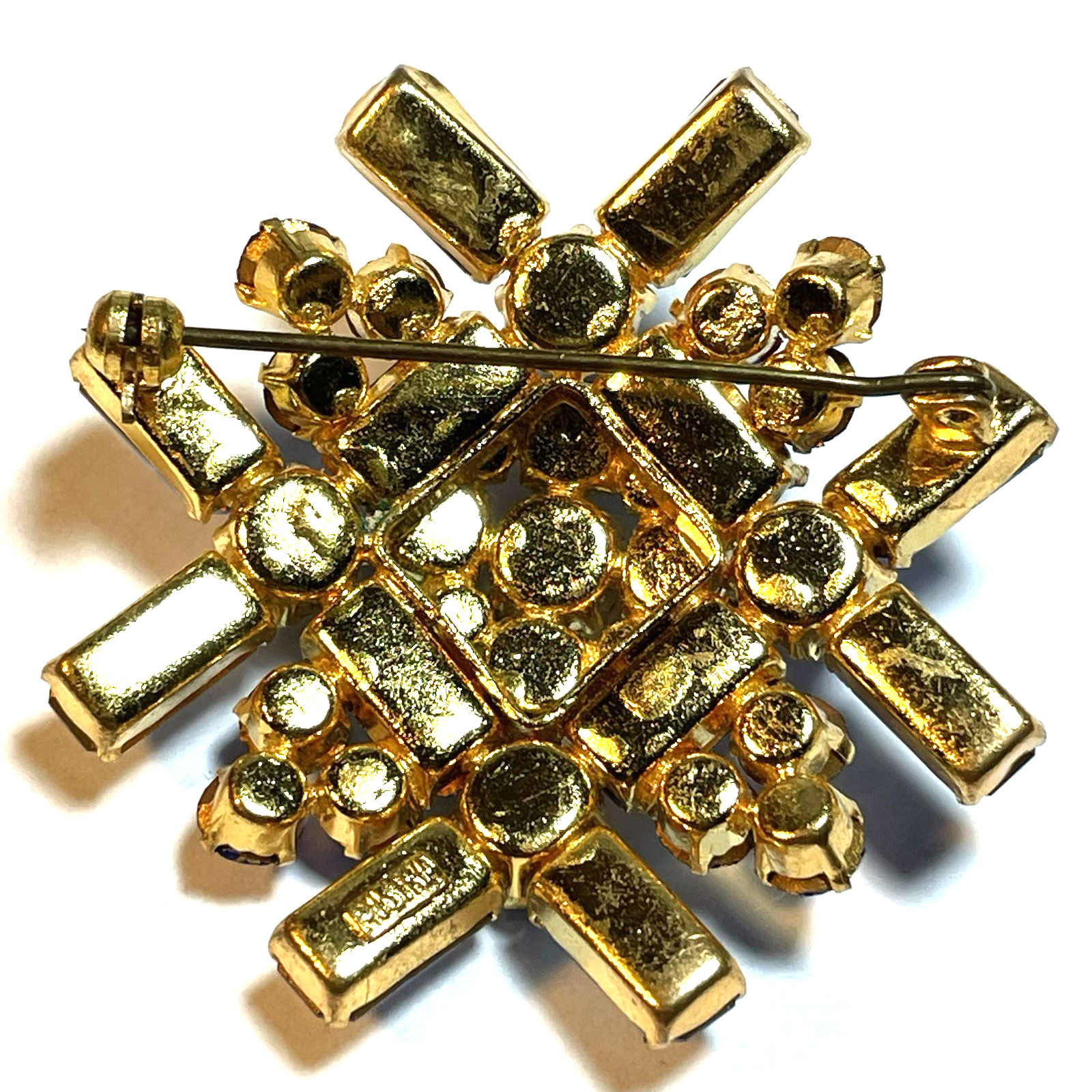 VINTAGE AUSTRIA MINT BLUE RHINESTONE TIERED STARBURST BROOCH PIN MCM JEWELRY 50S