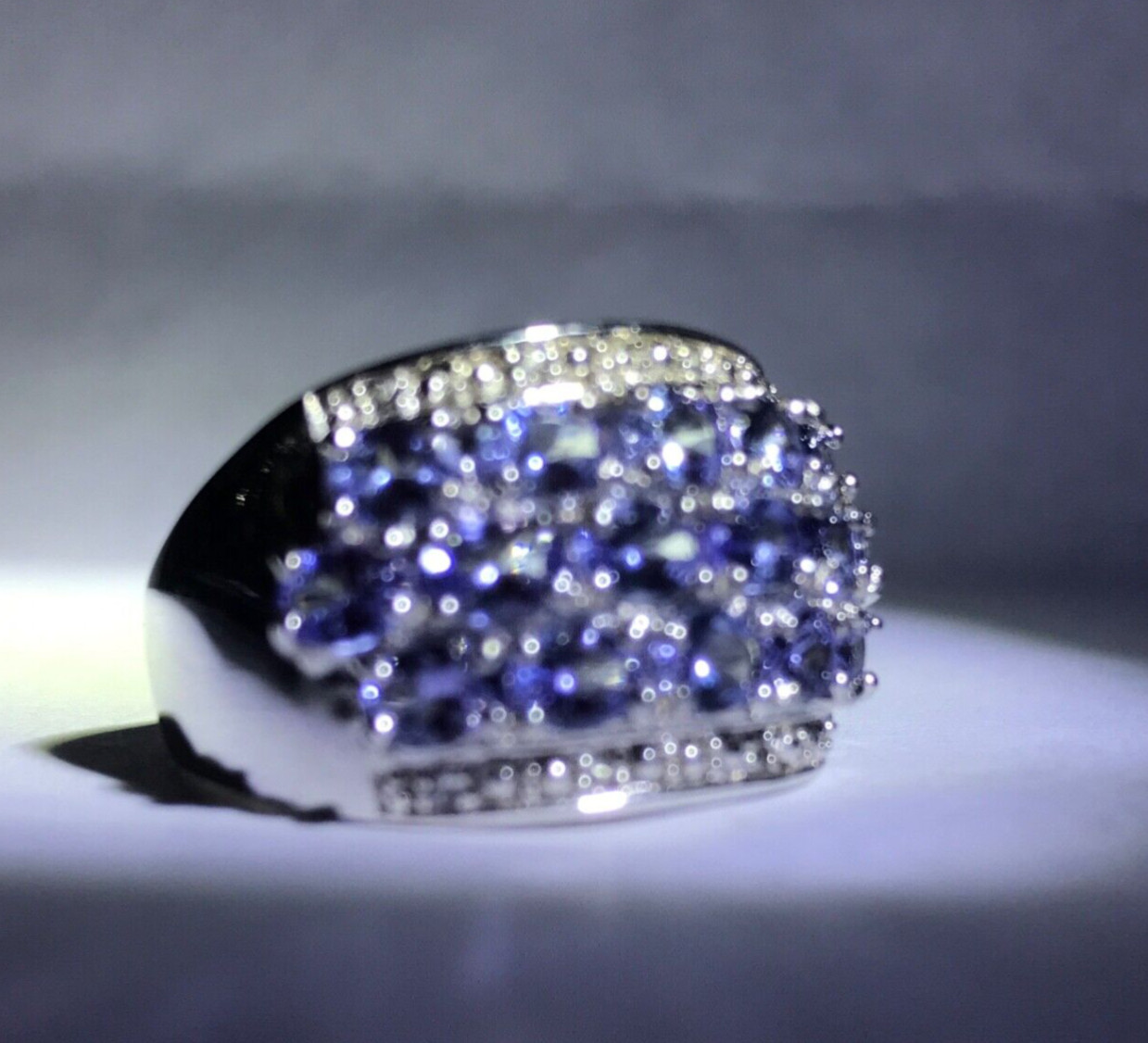 TANZANITE Ring 925 Dome Sterling Silver Cluster 3 row Faceted Zircon SGR VTG sz7