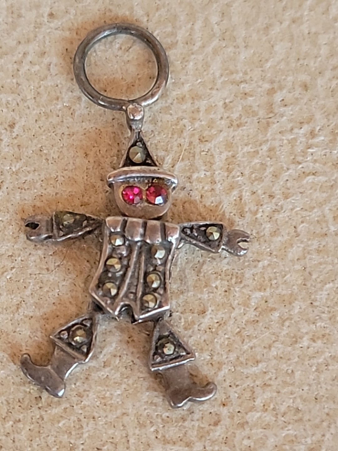 Vintage 925 Sterling Silver Articulating Clown w/Stones Charm Pendant Excellent