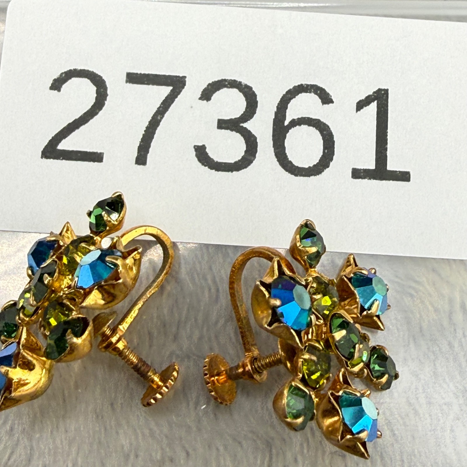 Vintage Czech Rhinestone Screw Back Earrings Green AB Gold Tone