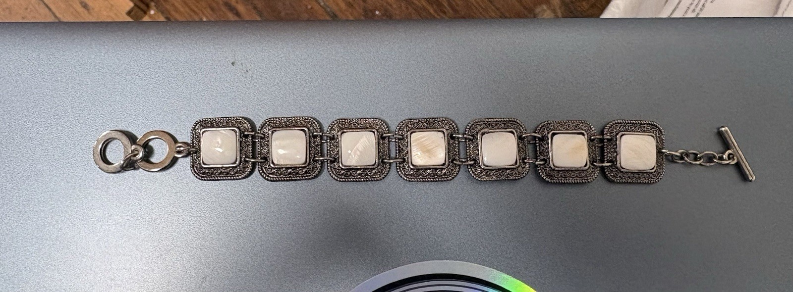 Vintage 1980s Mother Of Pearl Silver Tone Bracelet Square Links