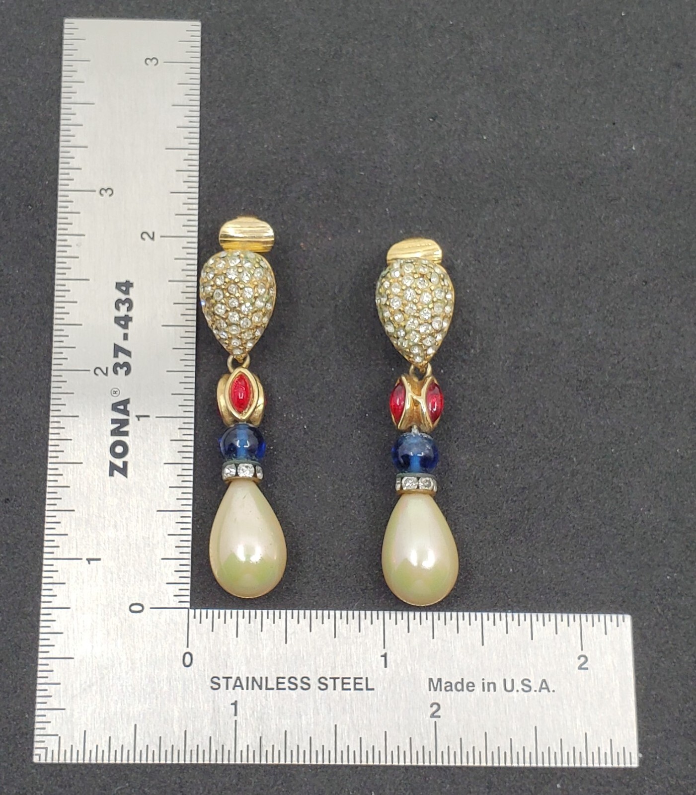 Christian DIOR VTG Gold Ruby Red Blue Glass Cabochons Faux Pearl Dangle Clip On