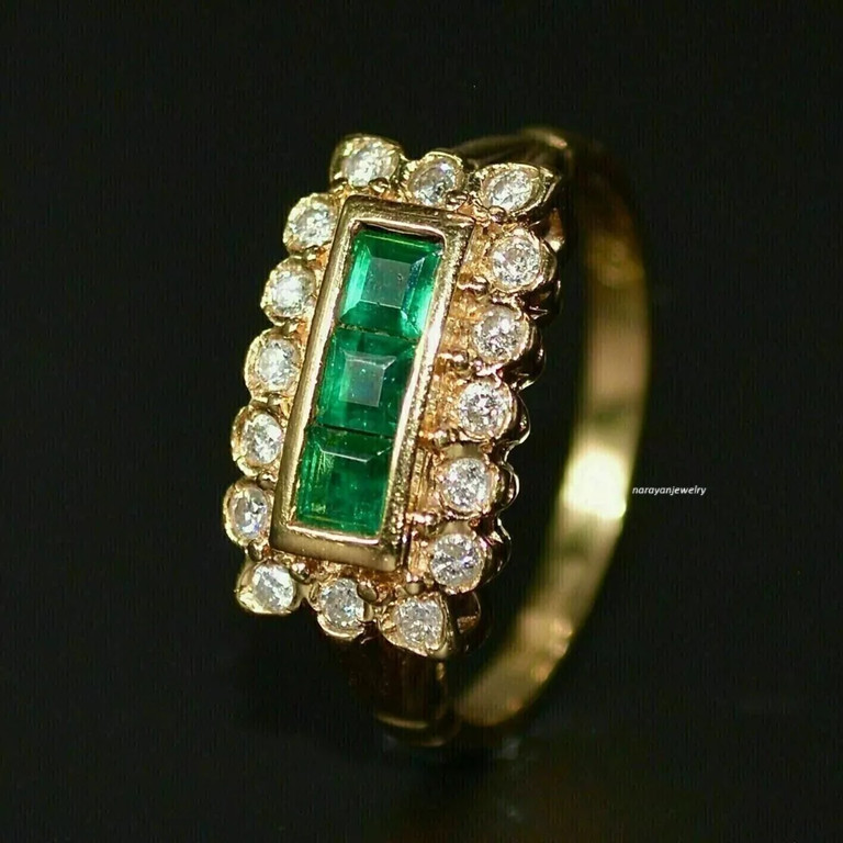 Edwardian 3Ct Lab Created Green Emerald Princess Cut Ring 14K Yellow Gold Finish
