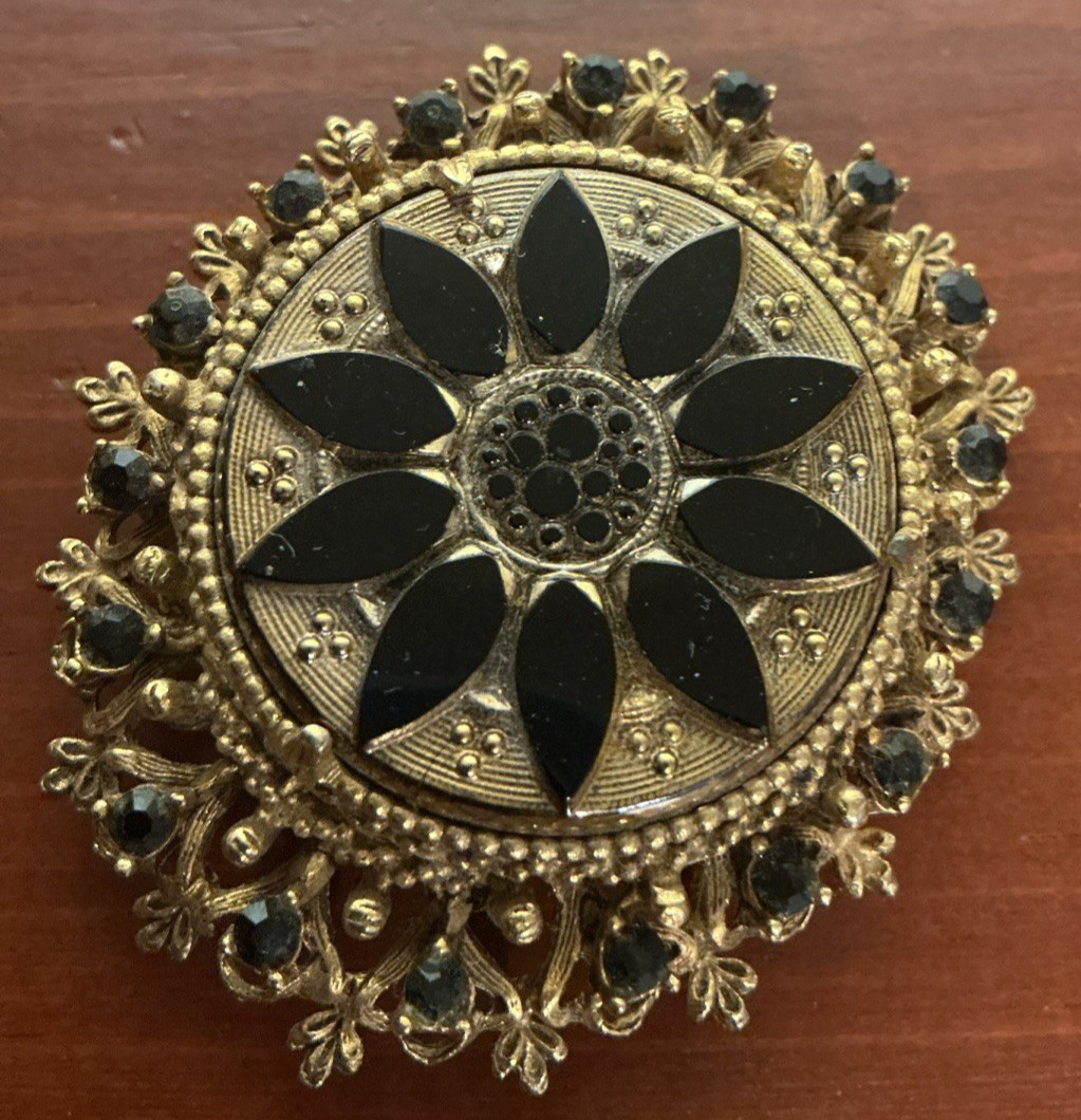Victorian Florenza Victorian Revival Brooch Pin Filigree Black Glass Rhinestones