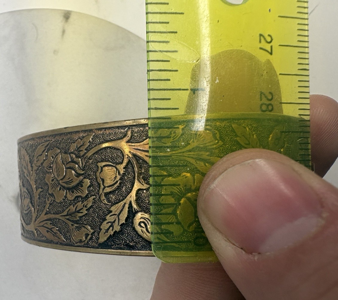 Vintage Etched Brass Wide Cuff Bracelet Floral Hinged Safety Chain