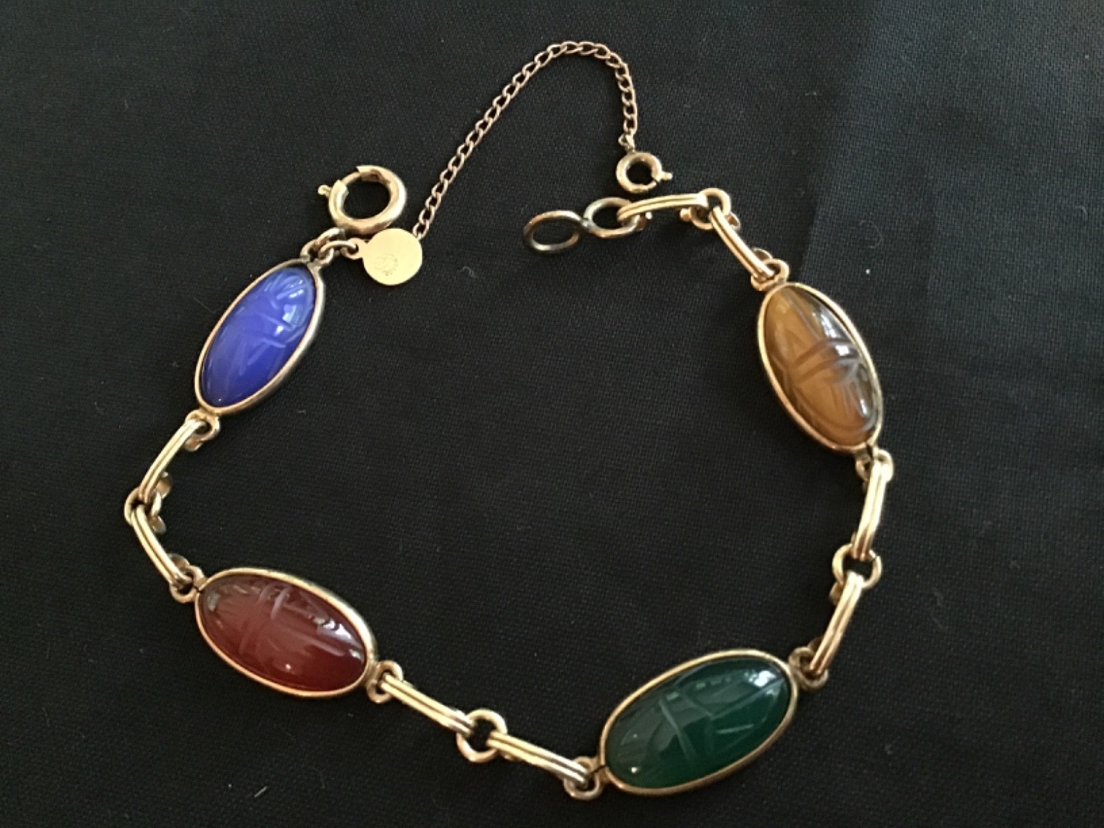 Vtg 12K Gold Scarab Bracelet Egyptian 7.5” Signed 1/20th 12K w 4 Real Stones
