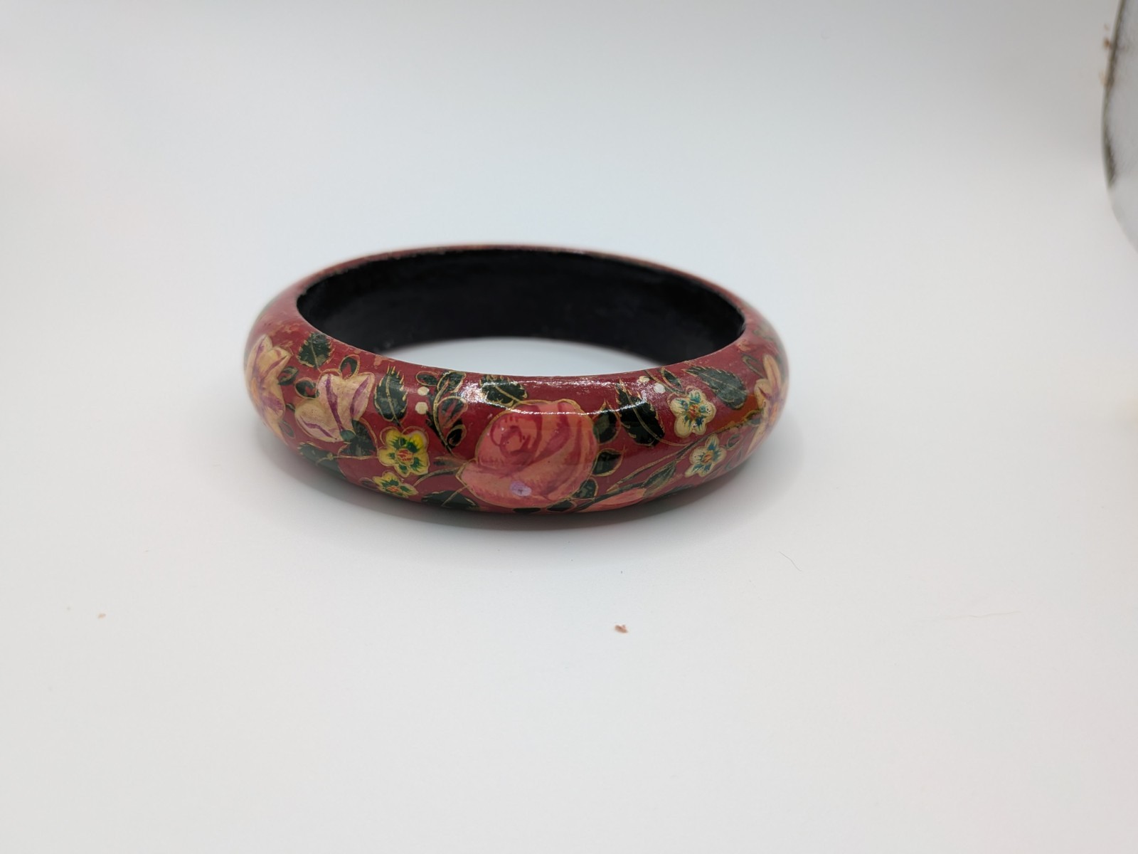 Vintage Russian Style Folk Art Hand Painted Floral Bangle Bracelet Red Laquer