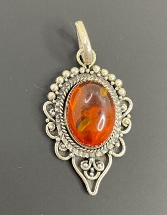 Vintage .925 Silver Necklace Pendant Only With Amber Stone