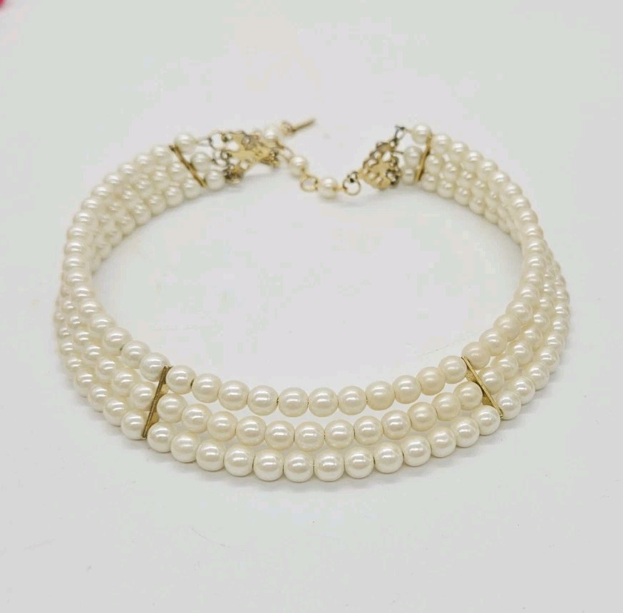 Faux Pearl Choker Necklace Three Row Gold tone Vintage Beaded Victorian