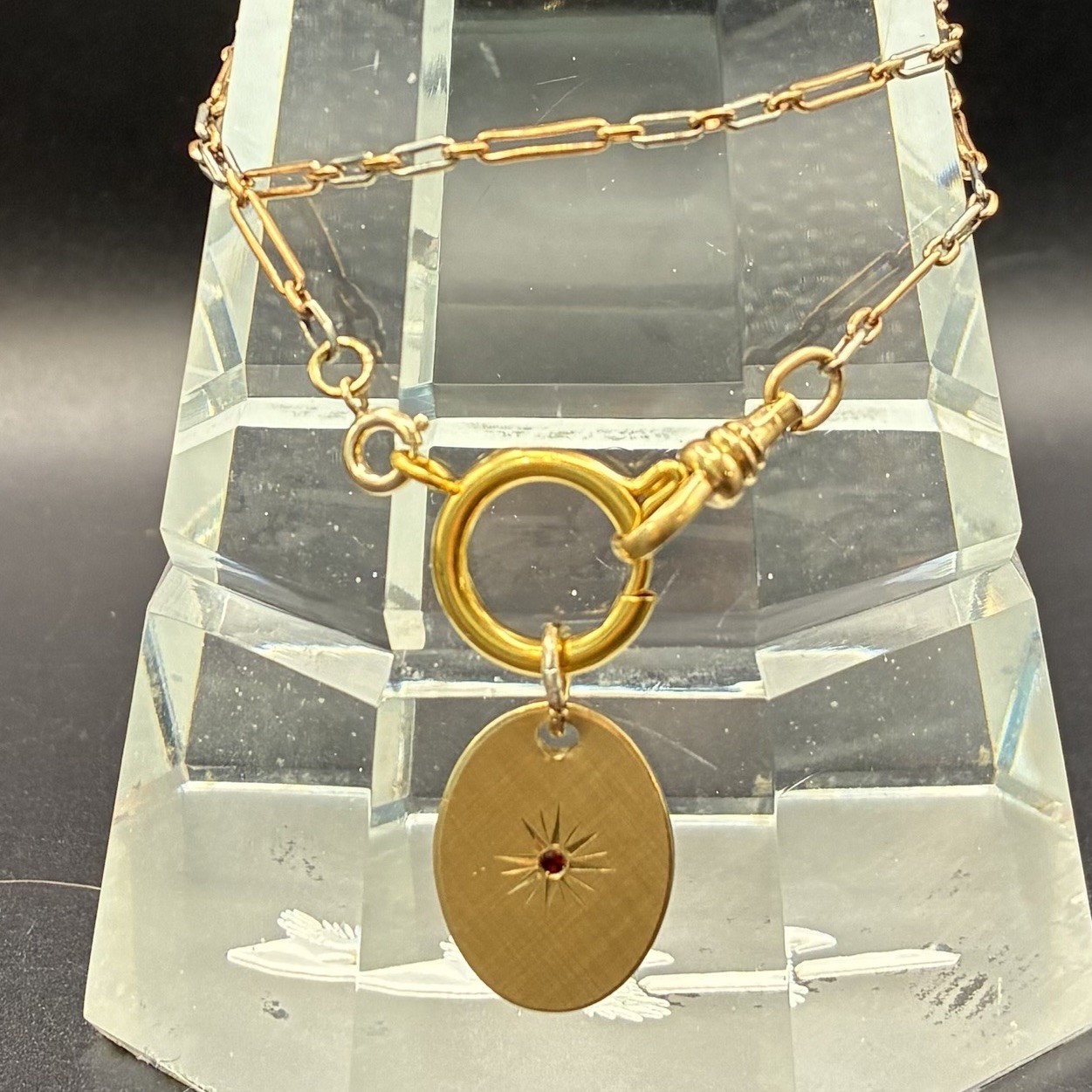Vintage 12k Gold Filled Pocket Watch Chain FOB,Dog Clip,O-Ring, Ruby-Glass Charm