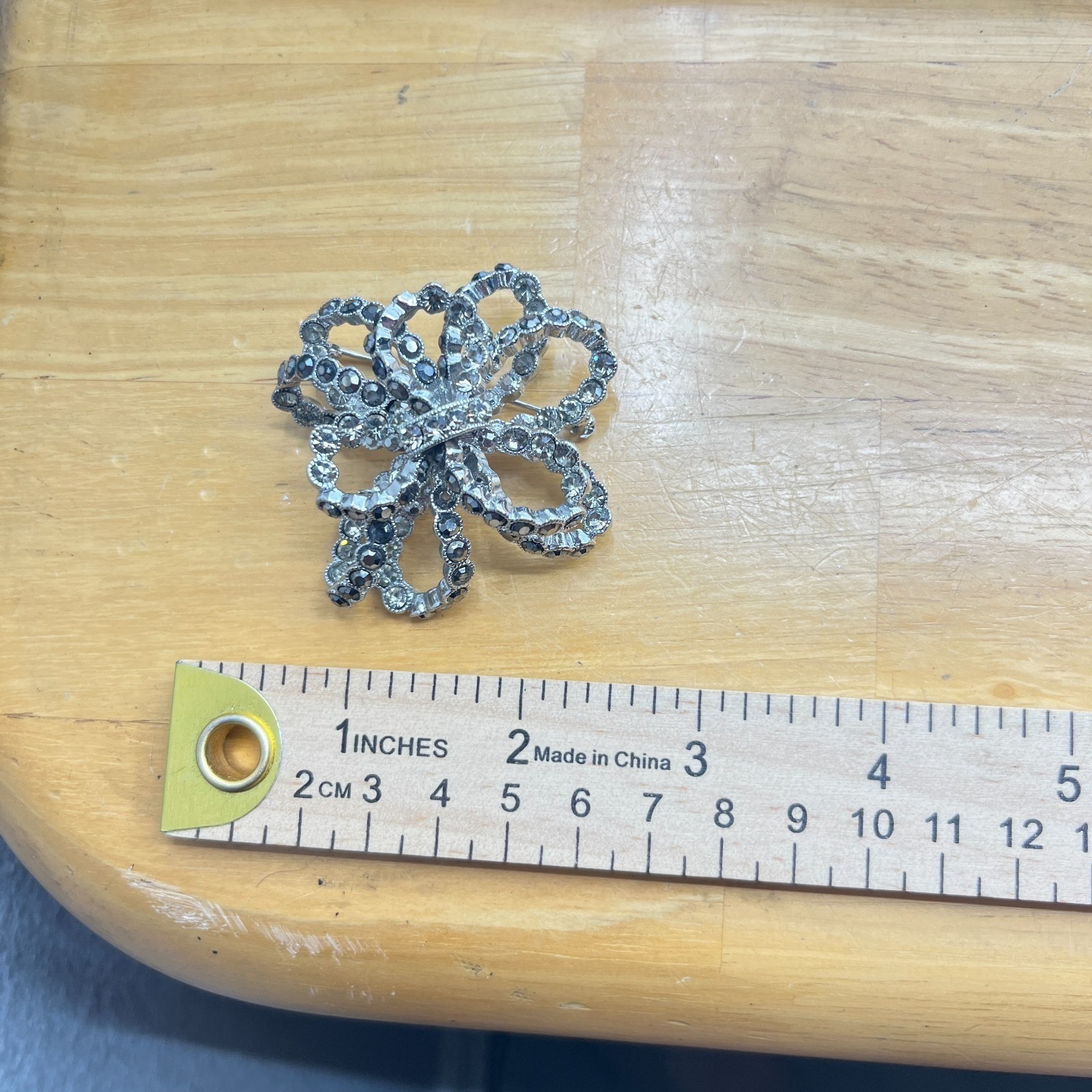 Brooch Vintage Silver Tone Layered Bow Smoky Rhinestone Statement Pin Accessory