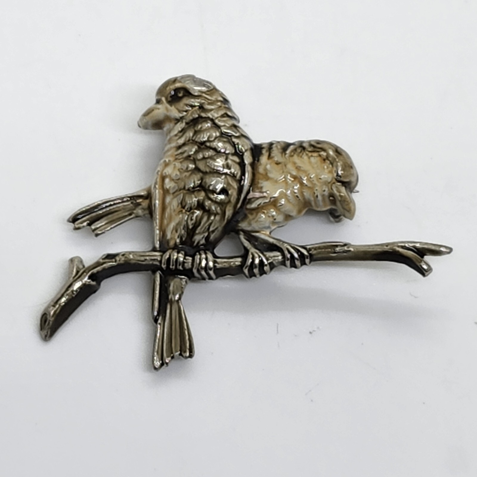 Vintage Enamel Birds On Branch Brooch