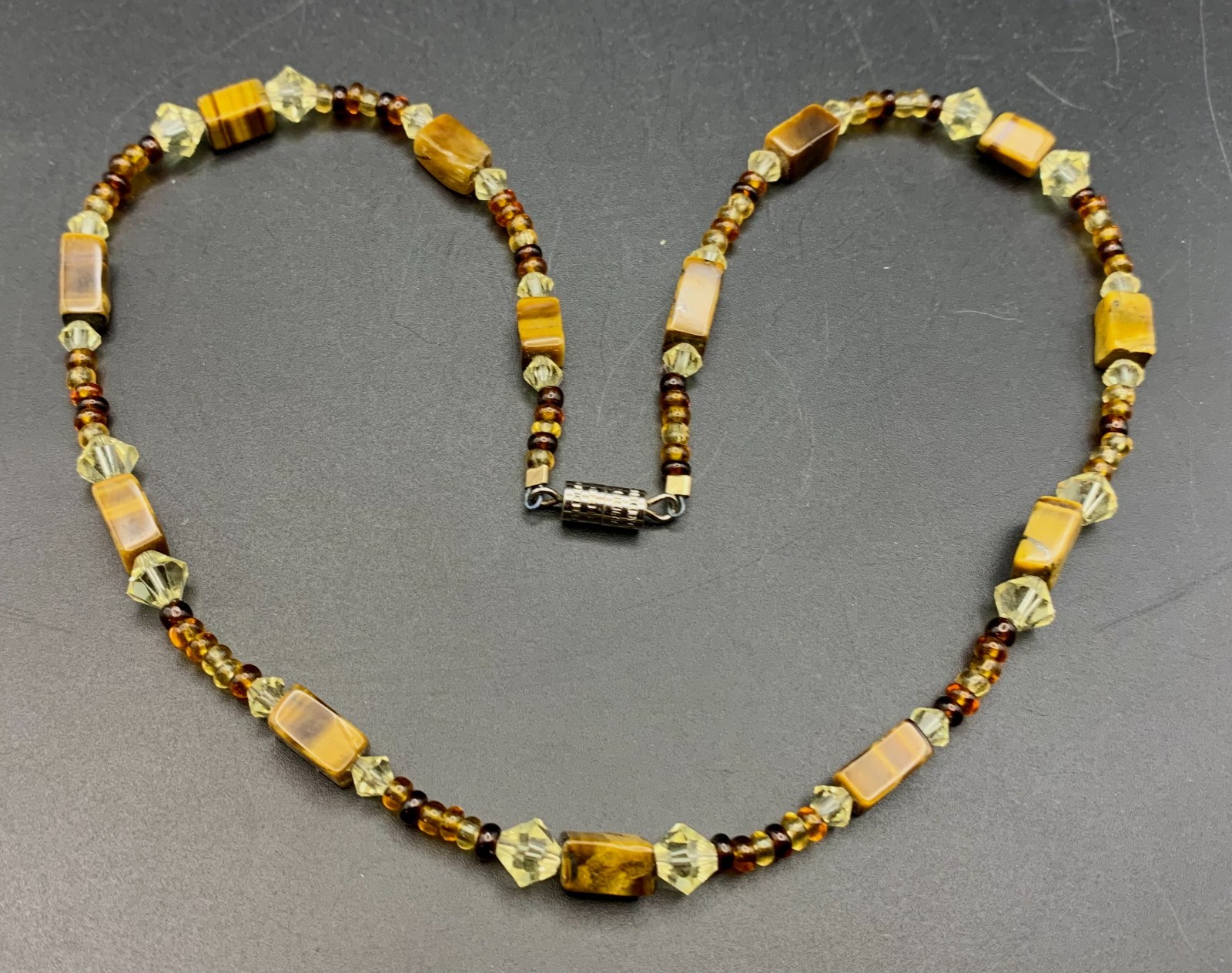 Hand Crafted Necklace Tiger’s Eye Gemstone and Crystal Beads 15″