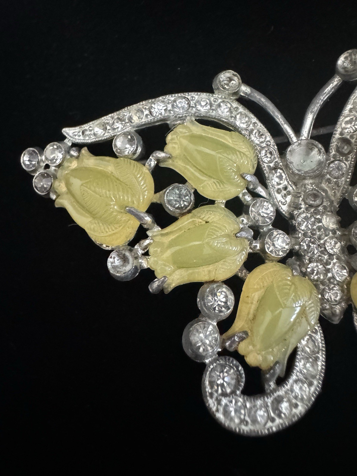 RAREST VTG Vintage Costume Yellow Glass Fruit Salad CURVED BUTTERFLY BROOCH AS I