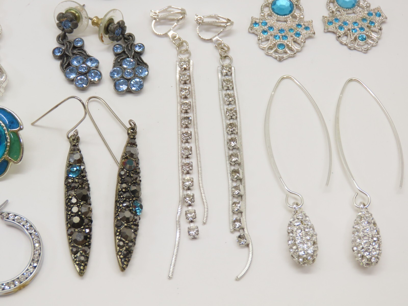 VTG Dangle Earrings Lot Pierced 1 Clip Silver Tone Blue Clear Rhinestones D2115
