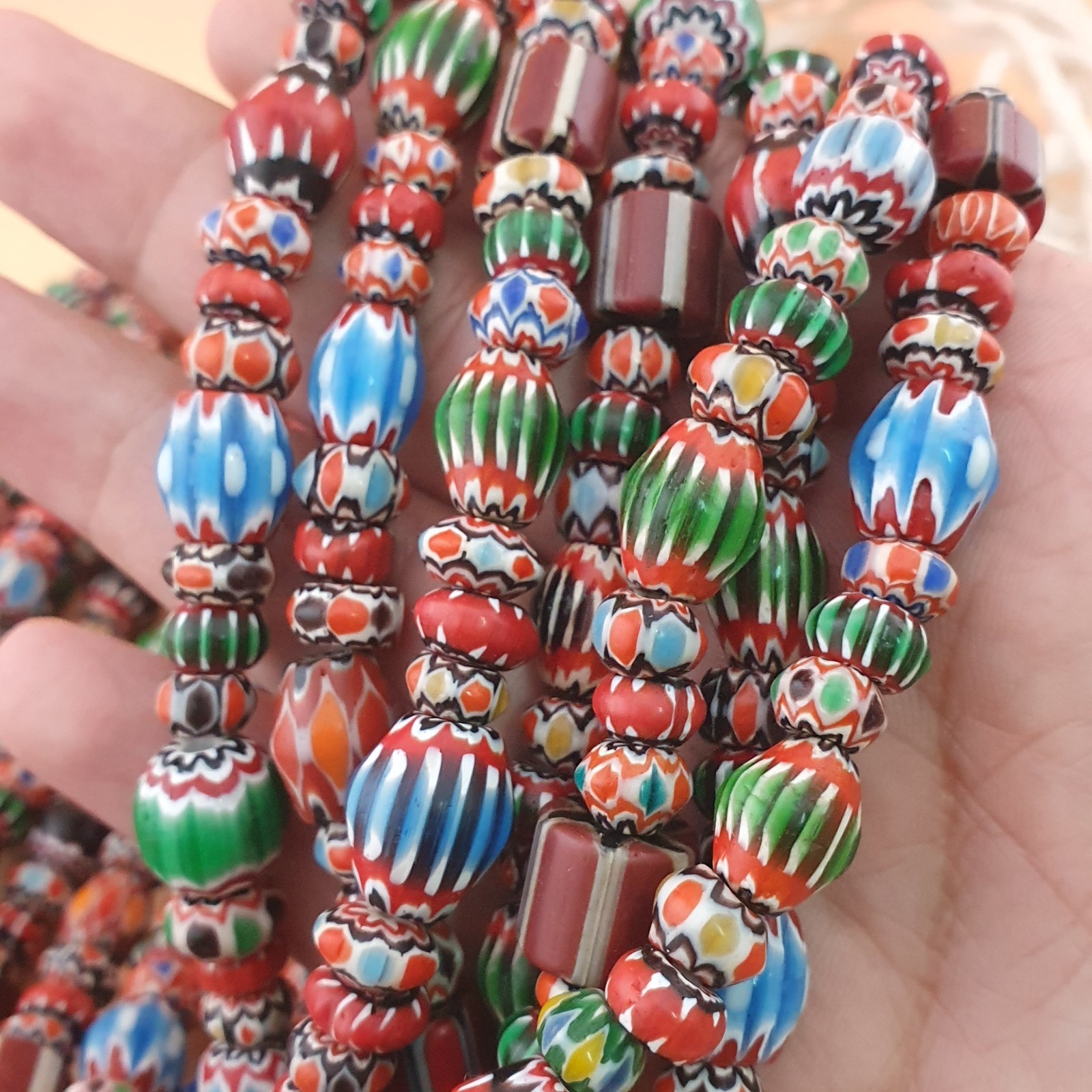Antique Venetian MultiColor Mix Chevron Glass Beads Strands Necklace