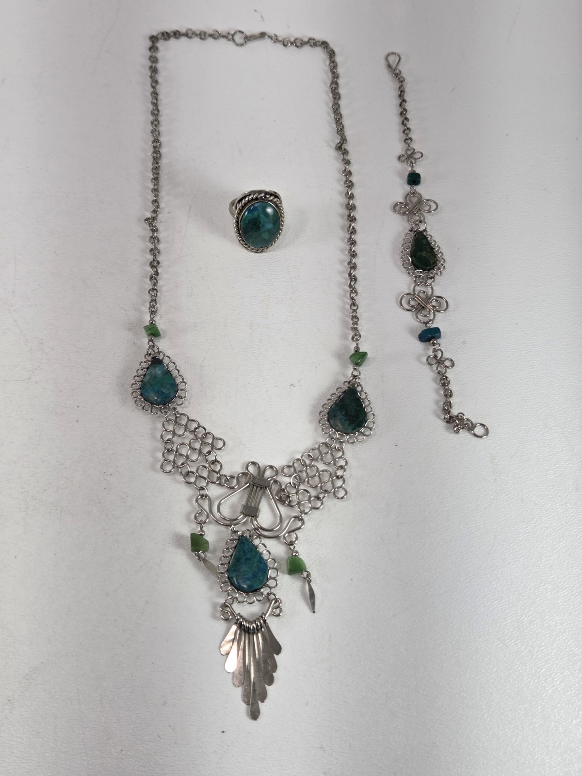 vintage silver filigree necklace with matching bracelet and ring Teardrop Teal