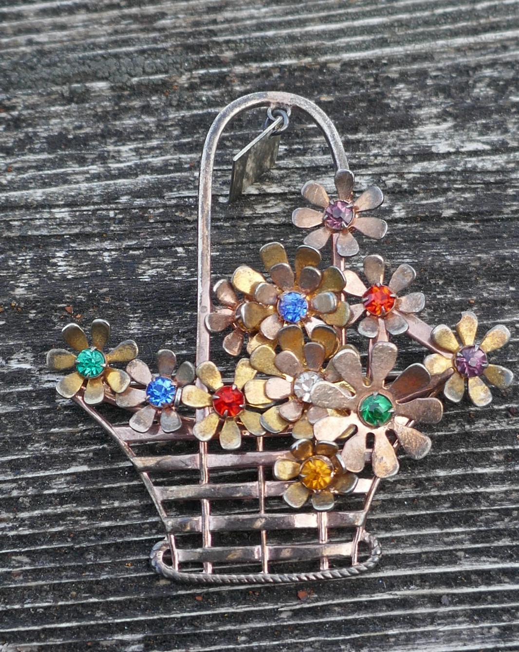 Vintage Designer Jay Kel Vermeiled Sterling & Stone Flower’s In Basket Brooch