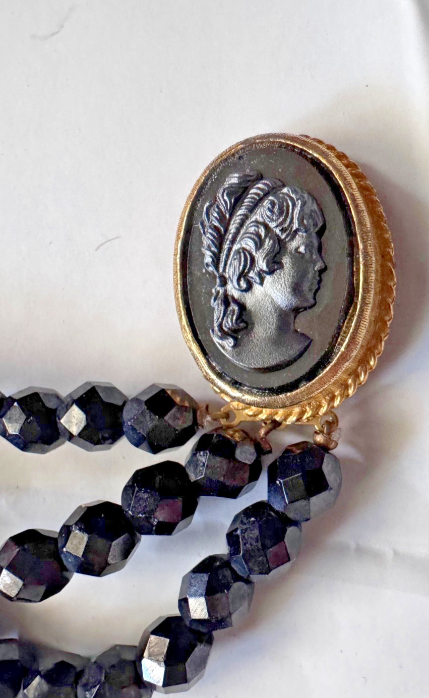 Vintage Necklace THREE STRAND FACETED CRYSTAL BEADS AND HEMATITE OVAL CAMEO 22″