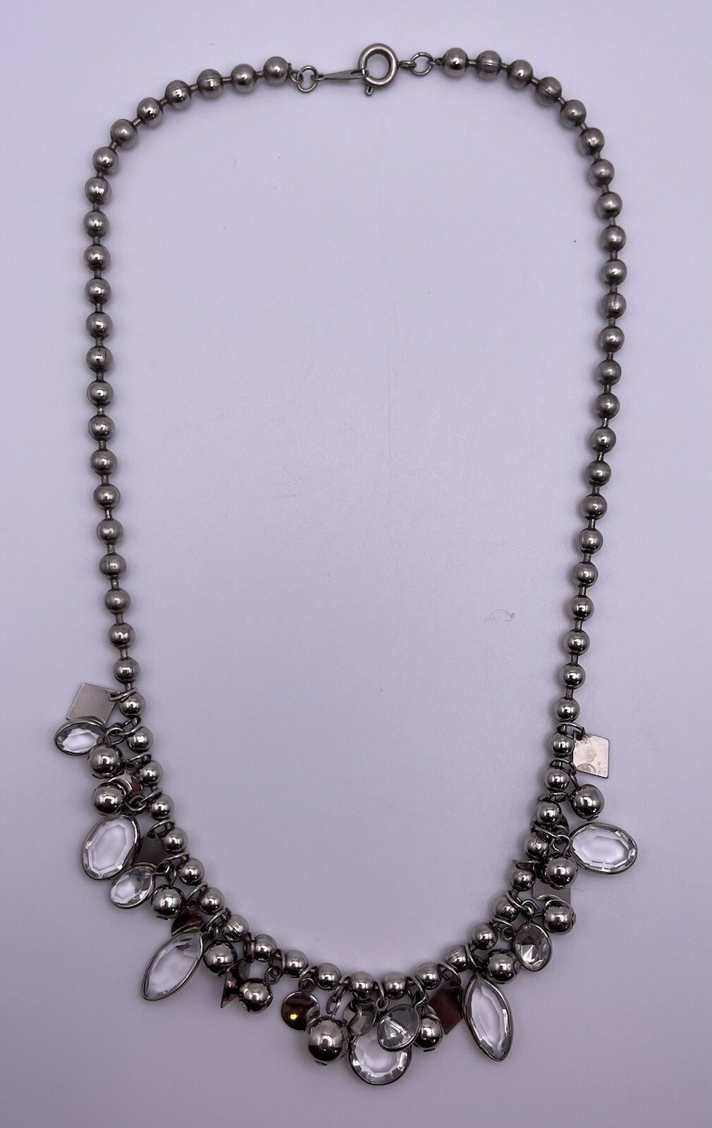 Vintage Silver Tone Ball Bearings Hanging Ball, Shapes & Crystal 16.5” Necklace