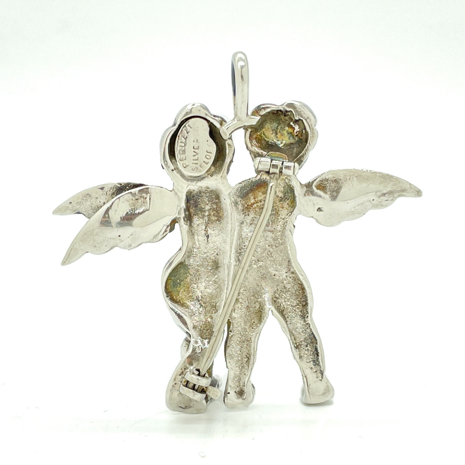 Vintage Fratelli Peruzzi Silver Two Angels Embracing Cherubs Brooch Pendant