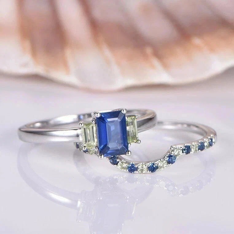 2.2Ct Emerald Cut Lab Created Sapphire & Diamond Engagement 14K Gold FN Ring Set