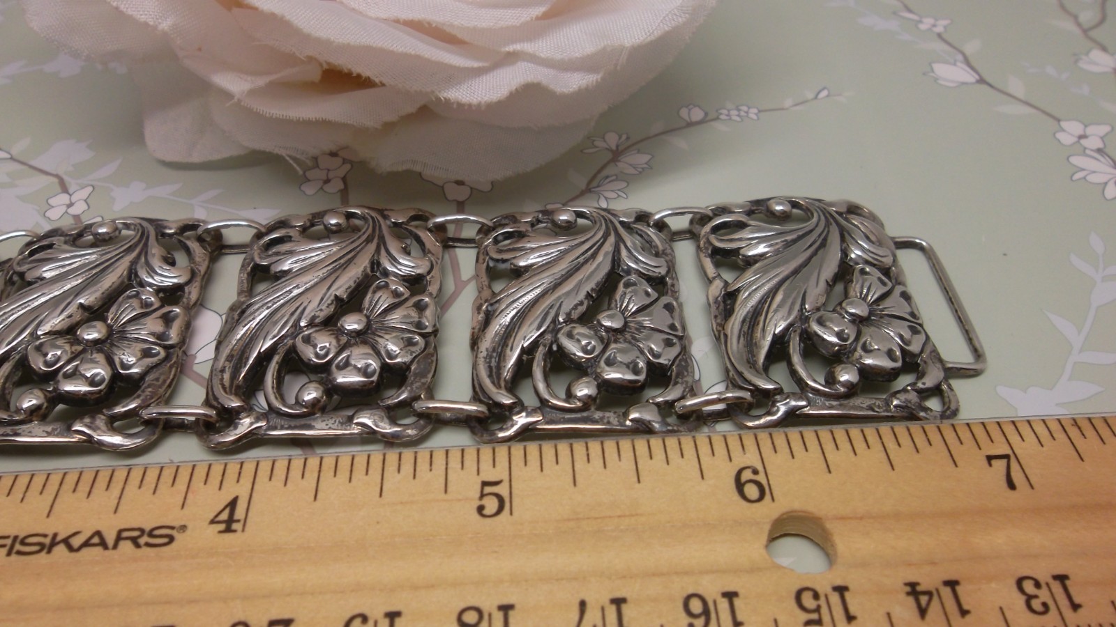 VINTAGE Danecraft Sterling Flower Scroll Wide Link Bracelet 7″ * 61.1 g STUNNING