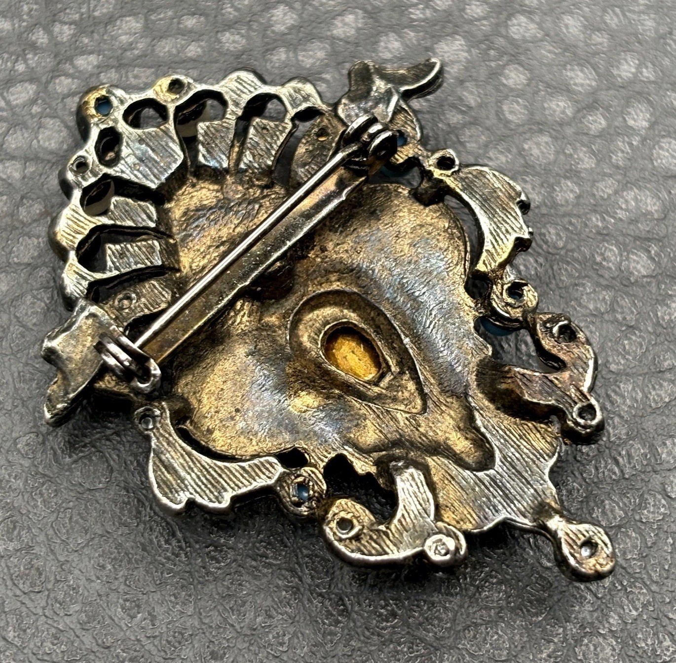 Vintage Etruscan Style Victorian Revival Brooch Faux Turquoise Rhinestone Ornate