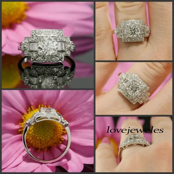 Round Cut 2.51CT Real Moissanite Women Vintage Art Deco Ring 14K White Gold Over
