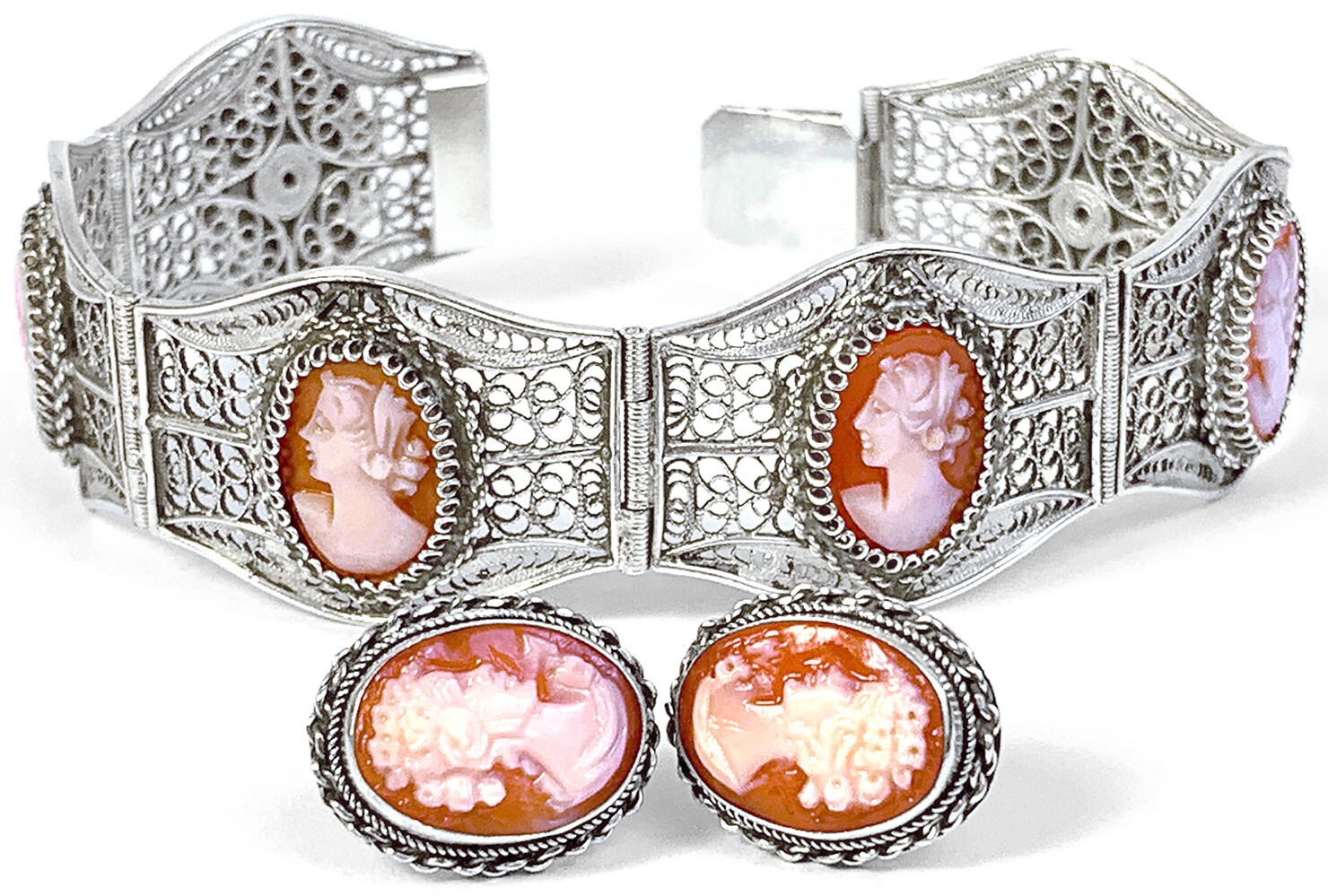 Vintage 6 Cameo Cannetille Bracelet & Cameo Earrings from Italy 800 925 Silver