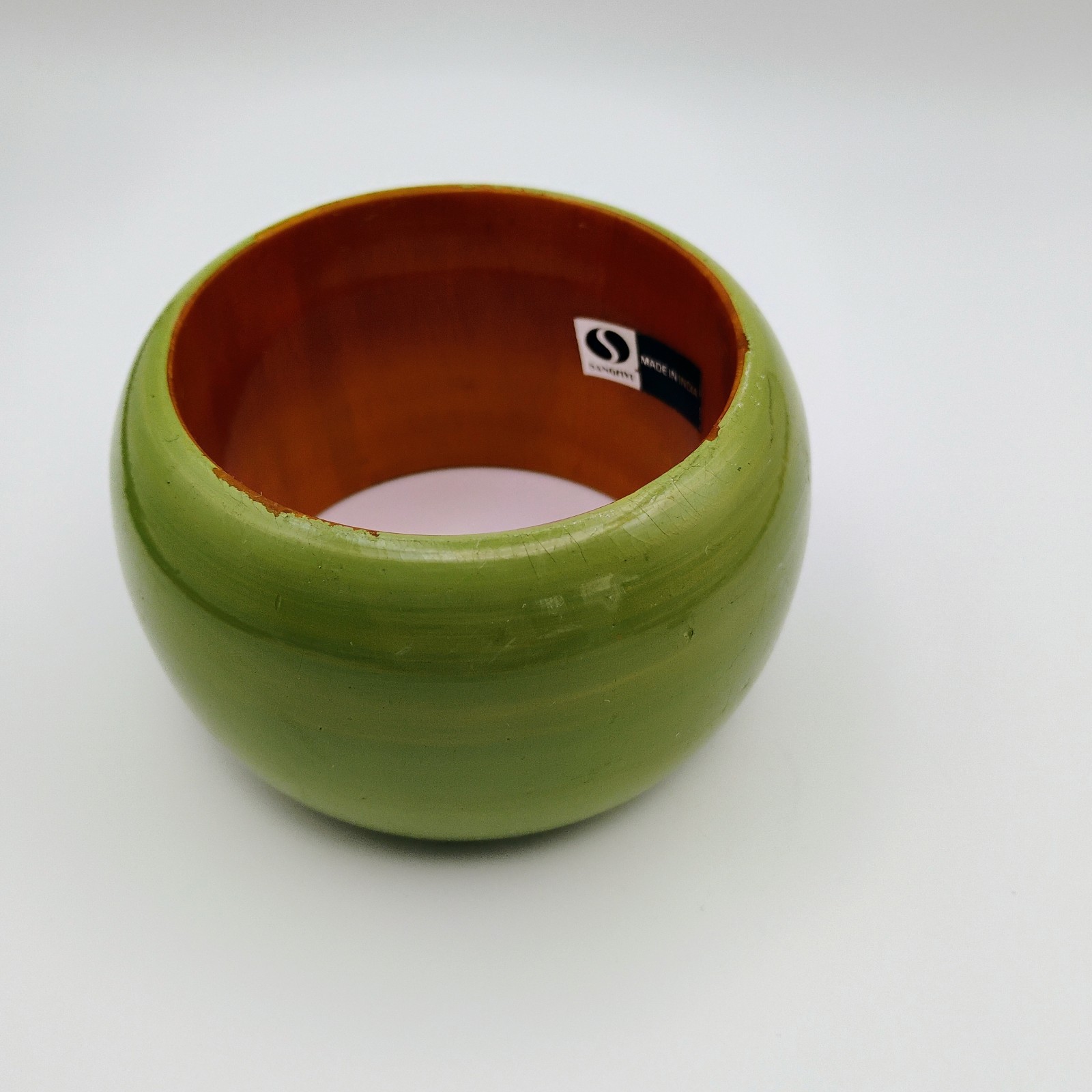 Vintage Boho Chunky Wood Bracelet Wide Green Made In India Bangle