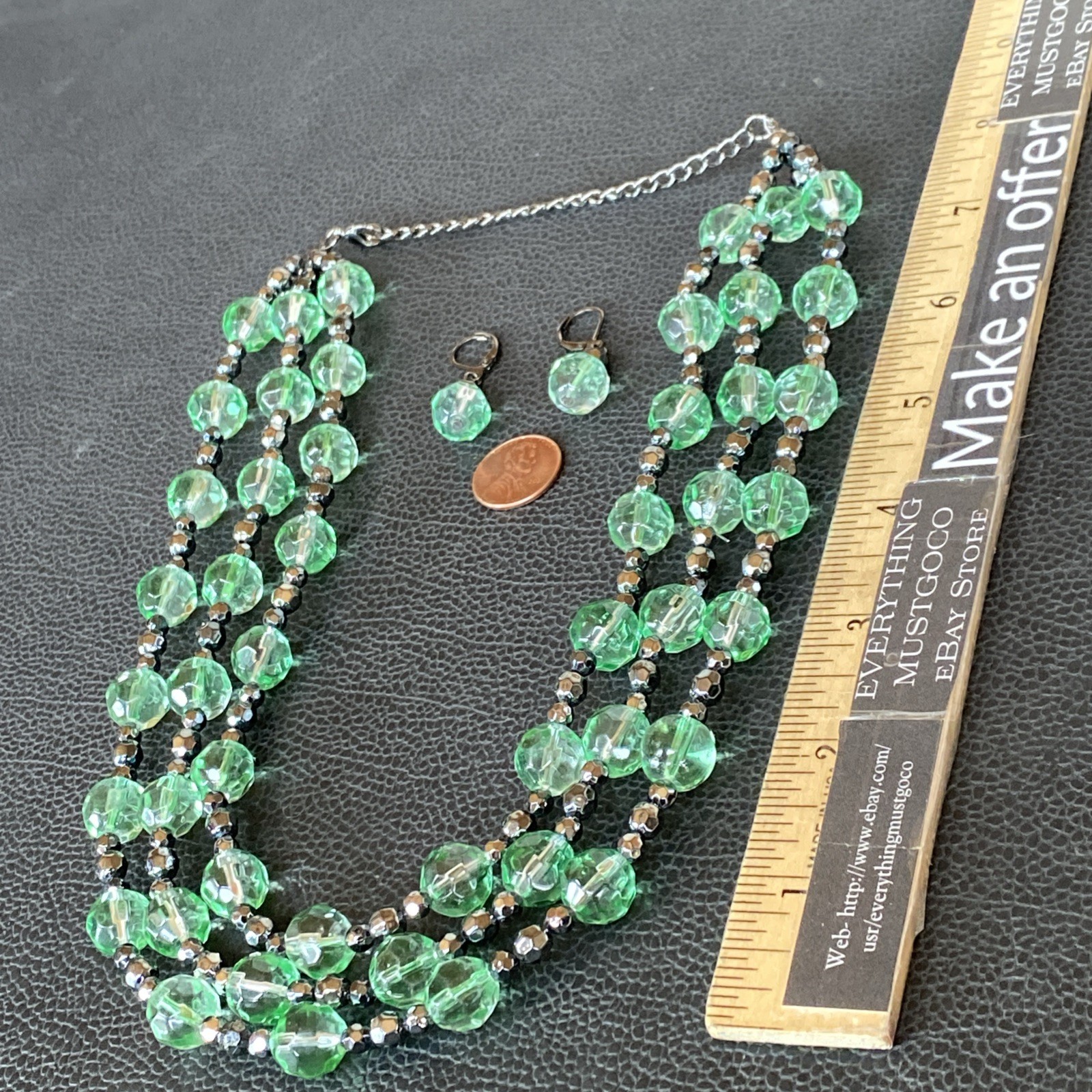 Vintage Green Glass Faceted 3 Strand Necklace w/ Matching Pair Drop Earrings Set