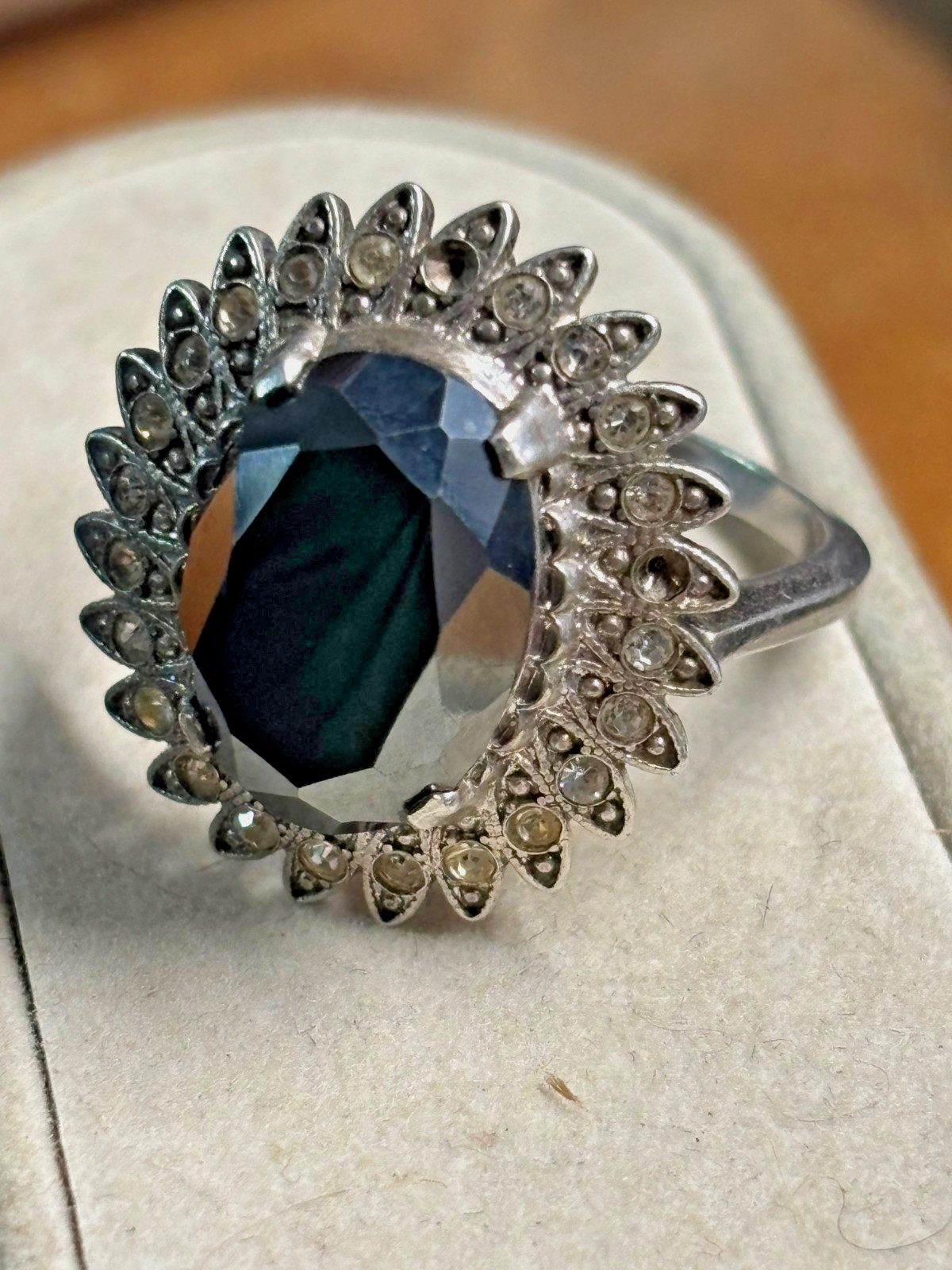 Vtg CLARK & COOMBS 925 sterling silver HEMATITE & Rhinestone COCKTAIL RING sz 8