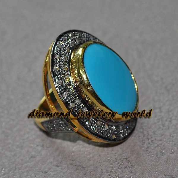 23.42ctw Rose Cut Diamond Turquoise Studded Silver Vintage Gorgeous Ring Jewelry