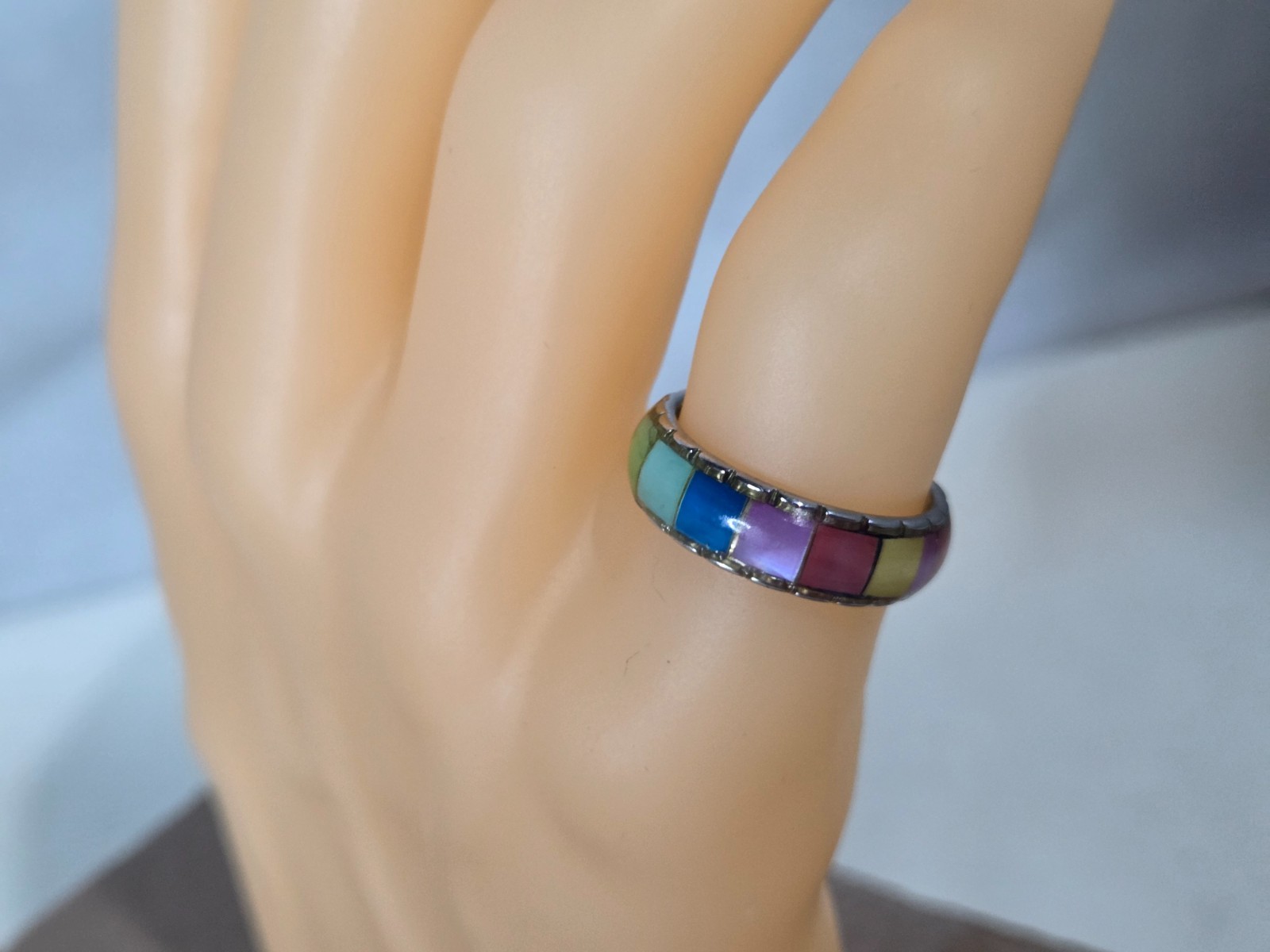 Multi-color Mosaic Inlaid Band Ring -Size 7 Silver Tone Colorful Stacker Unisex