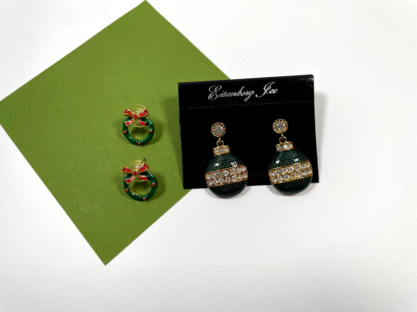 Vintage Signed Eisenberg Ice Green Enamel Christmas Ornament Dangle Earrings