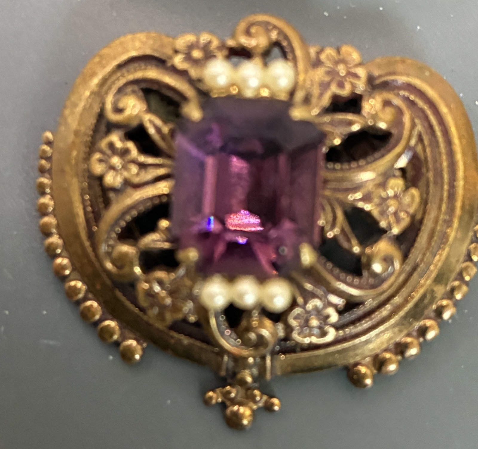 Victorian Era Multi Faceted Simulated Amethyst and Pearl Heart Shaped Brooch