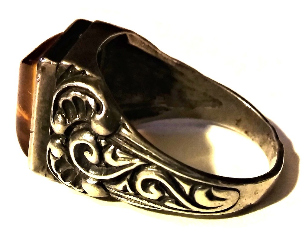 Antique Vintage Amber Silver Ring Carved Baroque Real Natural Baltic Europ Large