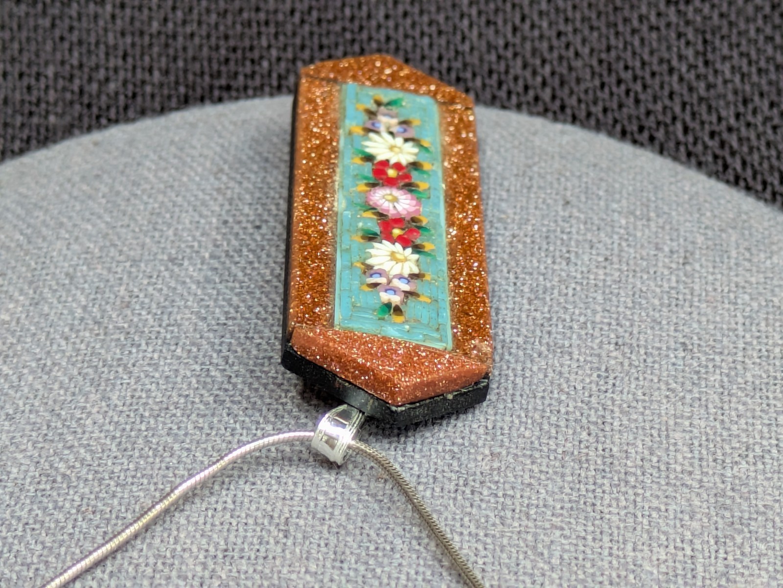 Antique Micro Mosaic Converted Pendant 16.5″ 925 Ster Silver Necklace AS IS D79