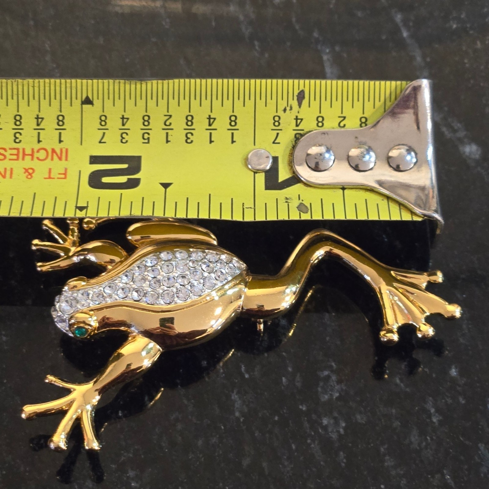 Vintage tree Frog Brooch Rhinestone Pavé Green Eyes Statement Costume Jewelry